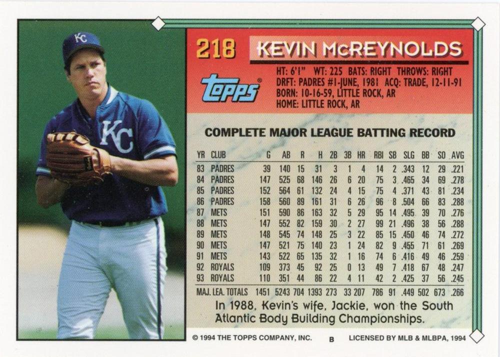 1994 Topps Kevin McReynolds # 218 Kansas City Royals