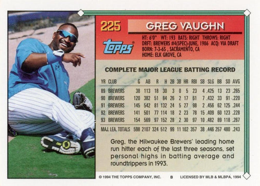 1994 Topps Greg Vaughn # 225 Milwaukee Brewers