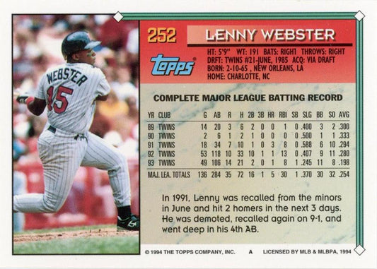 1994 Topps Lenny Webster # 252 Minnesota Twins