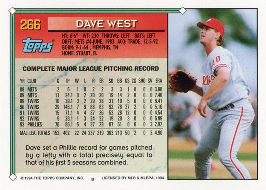 1994 Topps Dave West # 266 Philadelphia Phillies
