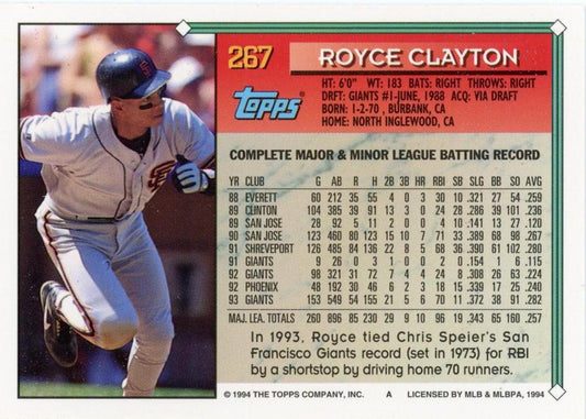 1994 Topps Royce Clayton # 267 San Francisco Giants