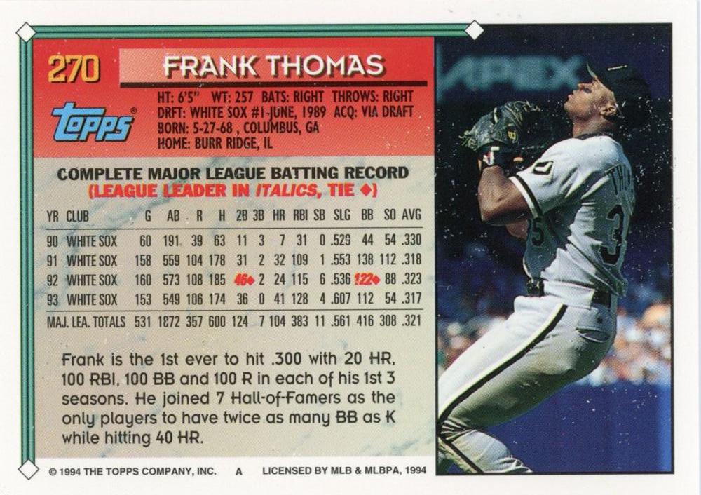 1994 Topps Frank Thomas # 270 Chicago White Sox