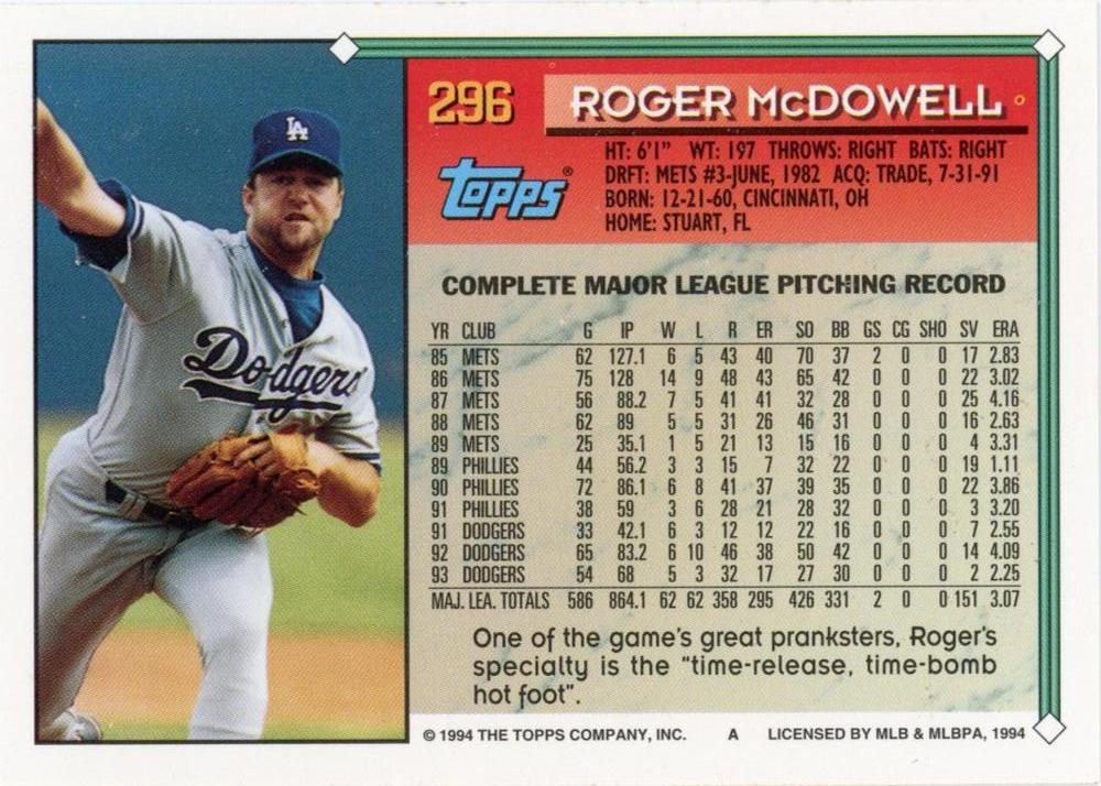 1994 Topps Roger McDowell # 296 Los Angeles Dodgers