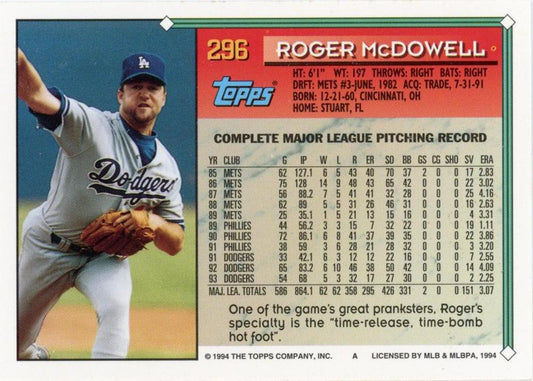 1994 Topps Roger McDowell # 296 Los Angeles Dodgers