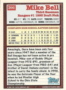 1994 Topps Mike Bell DPK, RC # 201 Texas Rangers