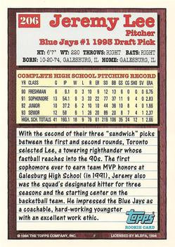 1994 Topps Jeremy Lee DPK, RC # 206 Toronto Blue Jays