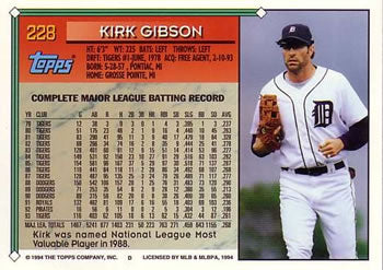 1994 Topps Kirk Gibson # 228 Detroit Tigers