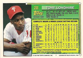 1994 Topps Tony Longmire FS, RC # 28 Philadelphia Phillies