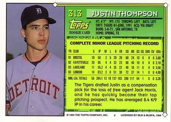 1994 Topps Justin Thompson FS, RC # 313 Detroit Tigers