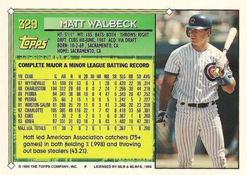 1994 Topps Matt Walbeck FS # 329 Chicago Cubs