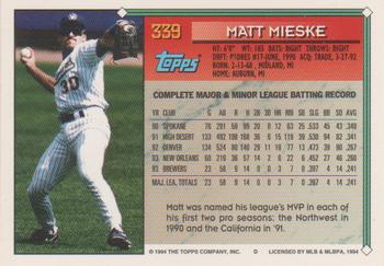 1994 Topps Matt Mieske # 339 Milwaukee Brewers