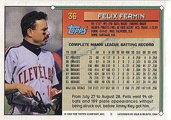 1994 Topps Felix Fermin # 36 Cleveland Indians