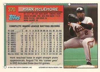 1994 Topps Mark McLemore UER # 370 Baltimore Orioles