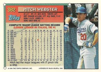 1994 Topps Mitch Webster # 382 Los Angeles Dodgers