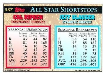 1994 Topps Jeff Blauser / Cal Ripken AS # 387 Atlanta Braves / Baltimore Orioles