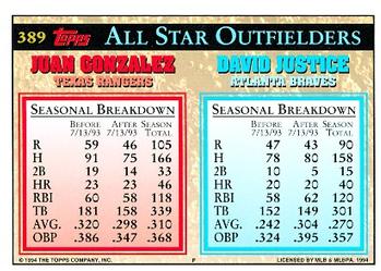 1994 Topps David Justice / Juan Gonzalez AS # 389 Atlanta Braves / Texas Rangers