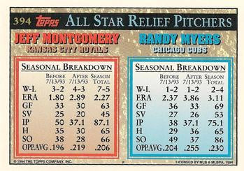 1994 Topps Randy Myers / Jeff Montgomery AS # 394 Chicago Cubs / Kansas City Royals