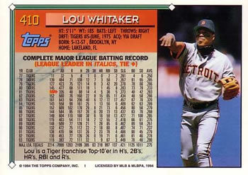 1994 Topps Lou Whitaker # 410 Detroit Tigers