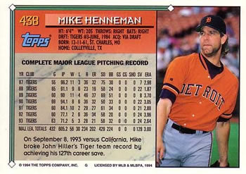 1994 Topps Mike Henneman # 438 Detroit Tigers