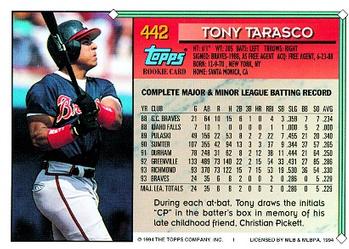 1994 Topps Tony Tarasco RC # 442 Atlanta Braves