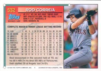 1994 Topps Rod Correia RC # 532 California Angels