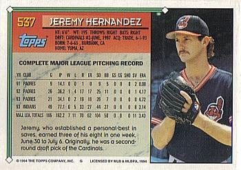 1994 Topps Jeremy Hernandez # 537 Cleveland Indians