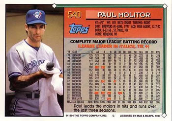 1994 Topps Paul Molitor # 540 Toronto Blue Jays