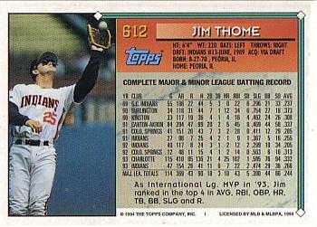 1994 Topps Jim Thome # 612 Cleveland Indians