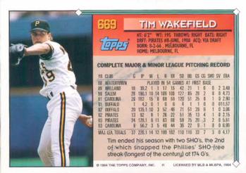 1994 Topps Tim Wakefield # 669 Pittsburgh Pirates