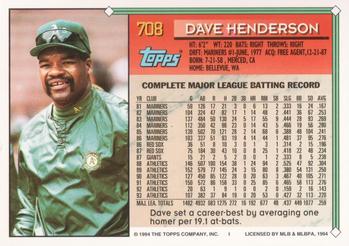 1994 Topps Dave Henderson # 708 Oakland Athletics