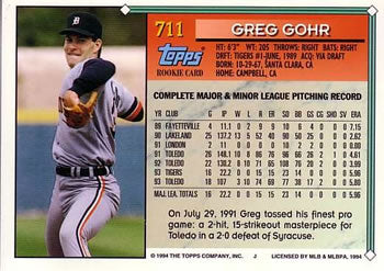 1994 Topps Greg Gohr RC # 711 Detroit Tigers