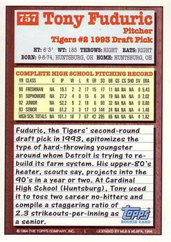 1994 Topps Tony Fuduric DPK, RC # 757 Detroit Tigers