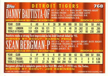 1994 Topps Danny Bautista / Sean Bergman CA, RC # 768 Detroit Tigers
