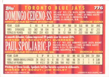 1994 Topps Domingo Cedeno / Paul Spoljaric CA, RC # 776 Toronto Blue Jays