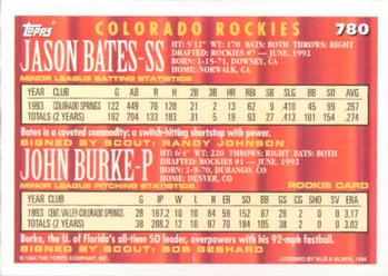 1994 Topps Jason Bates / John Burke CA, RC # 780 Colorado Rockies
