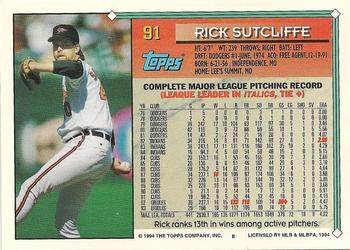 1994 Topps Rick Sutcliffe # 91 Baltimore Orioles