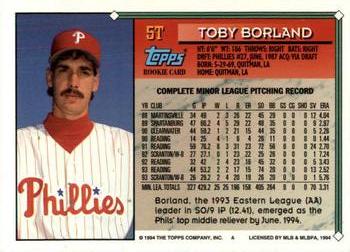 1994 Topps Traded Toby Borland RC 5T Philadelphia Phillies