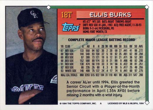 1994 Topps Traded Ellis Burks 18T Colorado Rockies