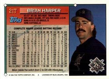 1994 Topps Traded Brian Harper 21T Milwaukee Brewers