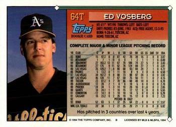 1994 Topps Traded Ed Vosberg 64T Oakland Athletics