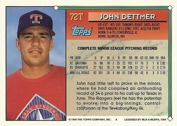1994 Topps Traded John Dettmer 72T Texas Rangers