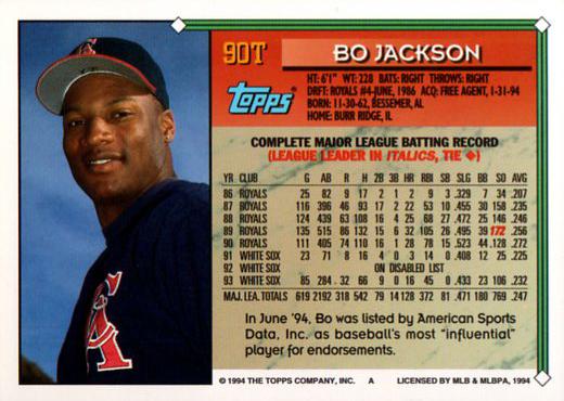 1994 Topps Traded Bo Jackson 90T California Angels