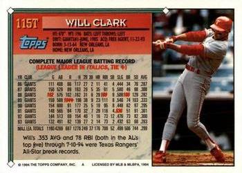 1994 Topps Traded Will Clark 115T Texas Rangers