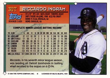 1994 Topps Traded Riccardo Ingram 30T Detroit Tigers
