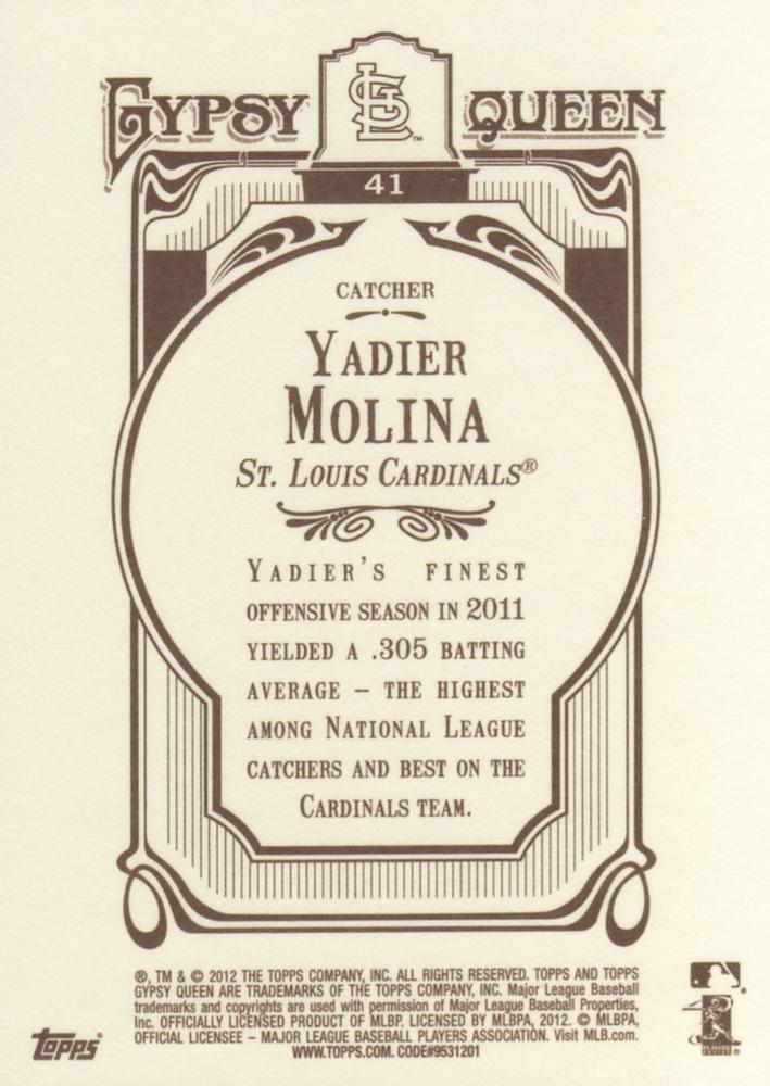 2012 Topps Gypsy Queen Yadier Molina # 41 St. Louis Cardinals