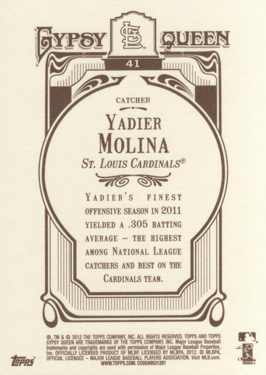 2012 Topps Gypsy Queen Yadier Molina # 41 St. Louis Cardinals