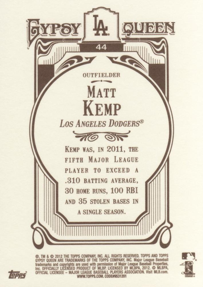 2012 Topps Gypsy Queen Matt Kemp # 44a Los Angeles Dodgers