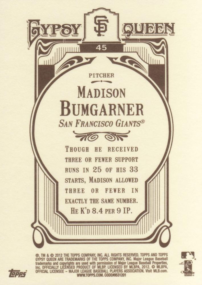 2012 Topps Gypsy Queen Madison Bumgarner # 45 San Francisco Giants