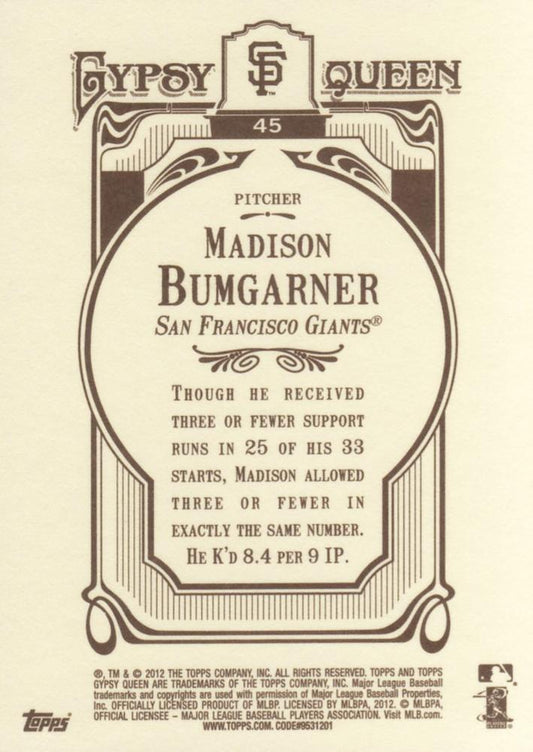 2012 Topps Gypsy Queen Madison Bumgarner # 45 San Francisco Giants