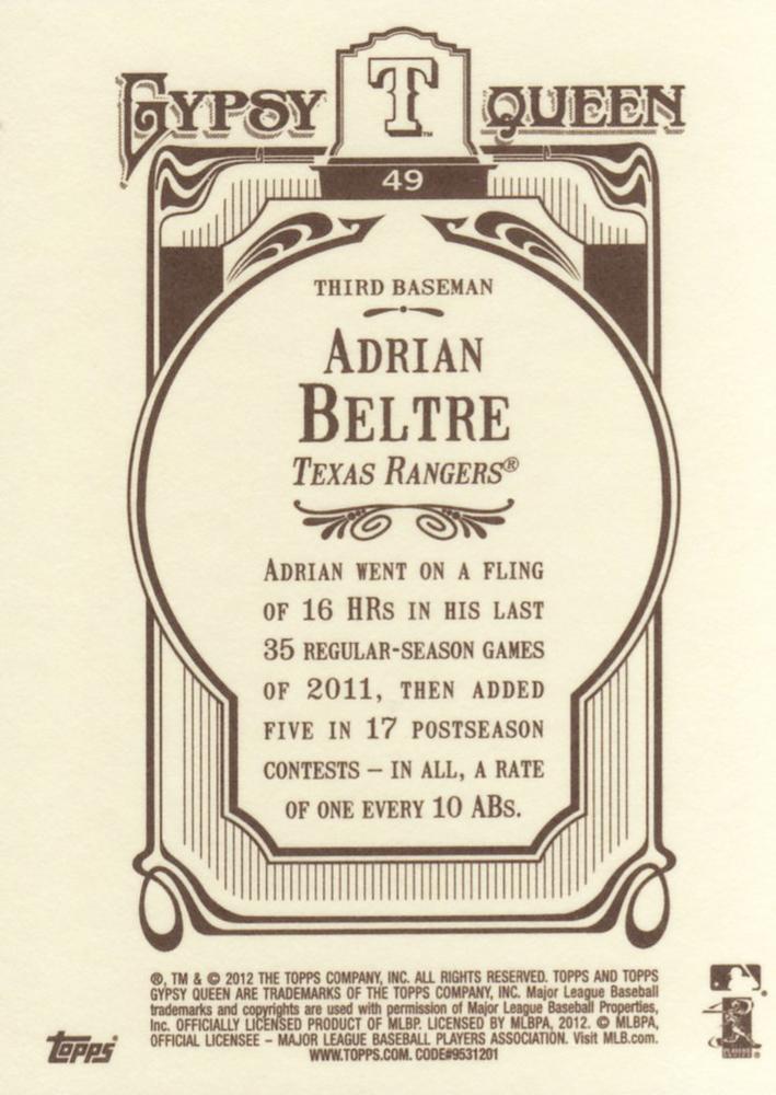 2012 Topps Gypsy Queen Adrian Beltre # 49 Texas Rangers